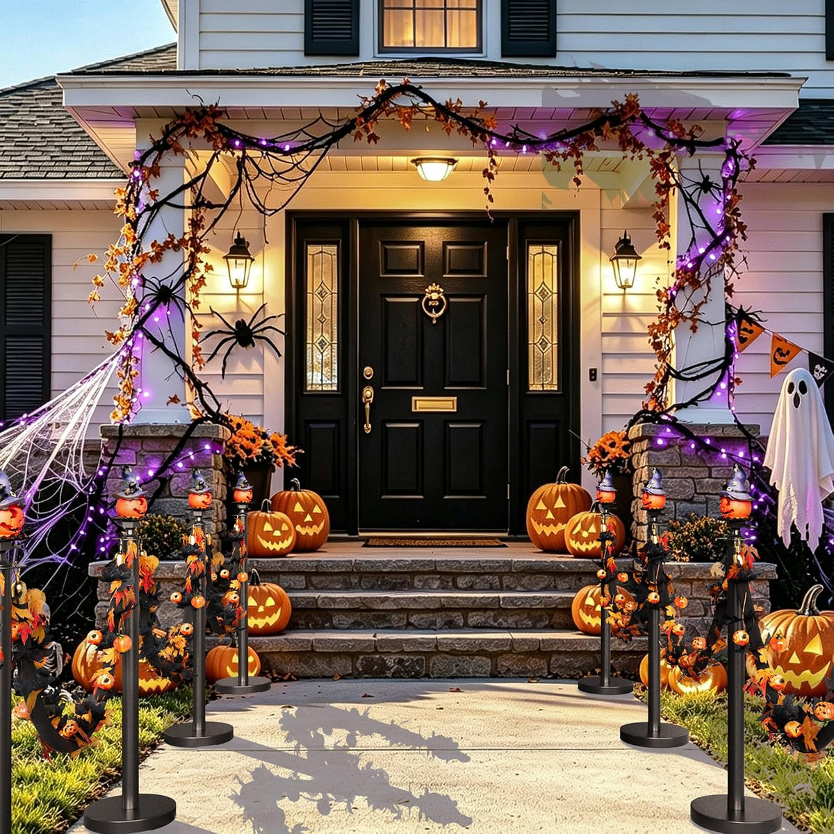 6 Pack Halloween Hat Pumpkin Head Black Stanchions and Velvet Ropes Set, Stainless Steel Crowd Control Barriers, 4Pcs Black Ropes and Poles for Party,Photobooth Accessories, Prom,Halloween Decorations