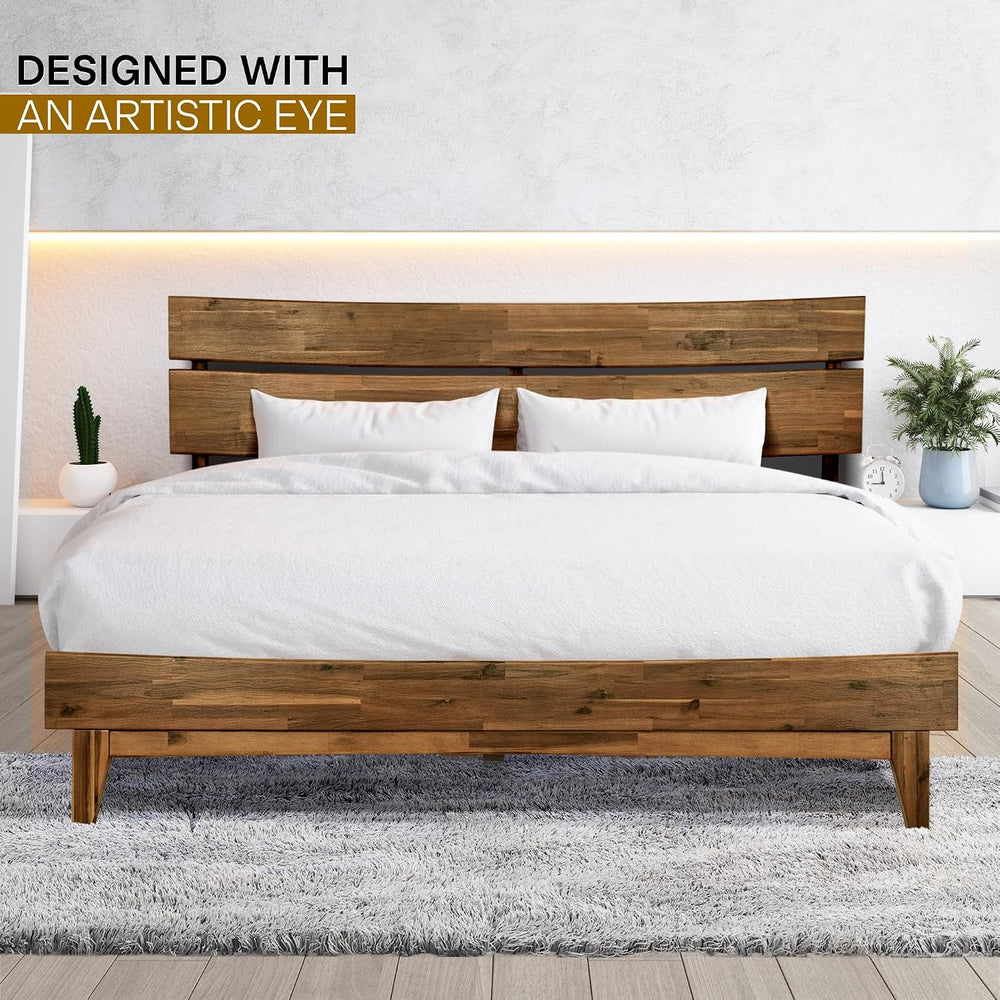 Acacia Aurora Solid Wood Platform Bed with Headboard, Wood Bed Frame Queen Si...