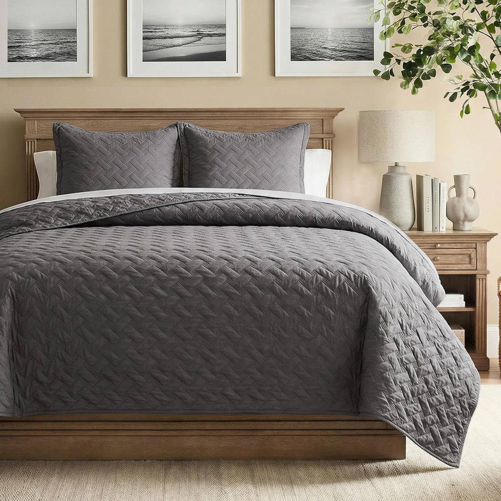 Bedsure Quilts King Size - Grey Bedspreads King Size with Basket Weave Patter...