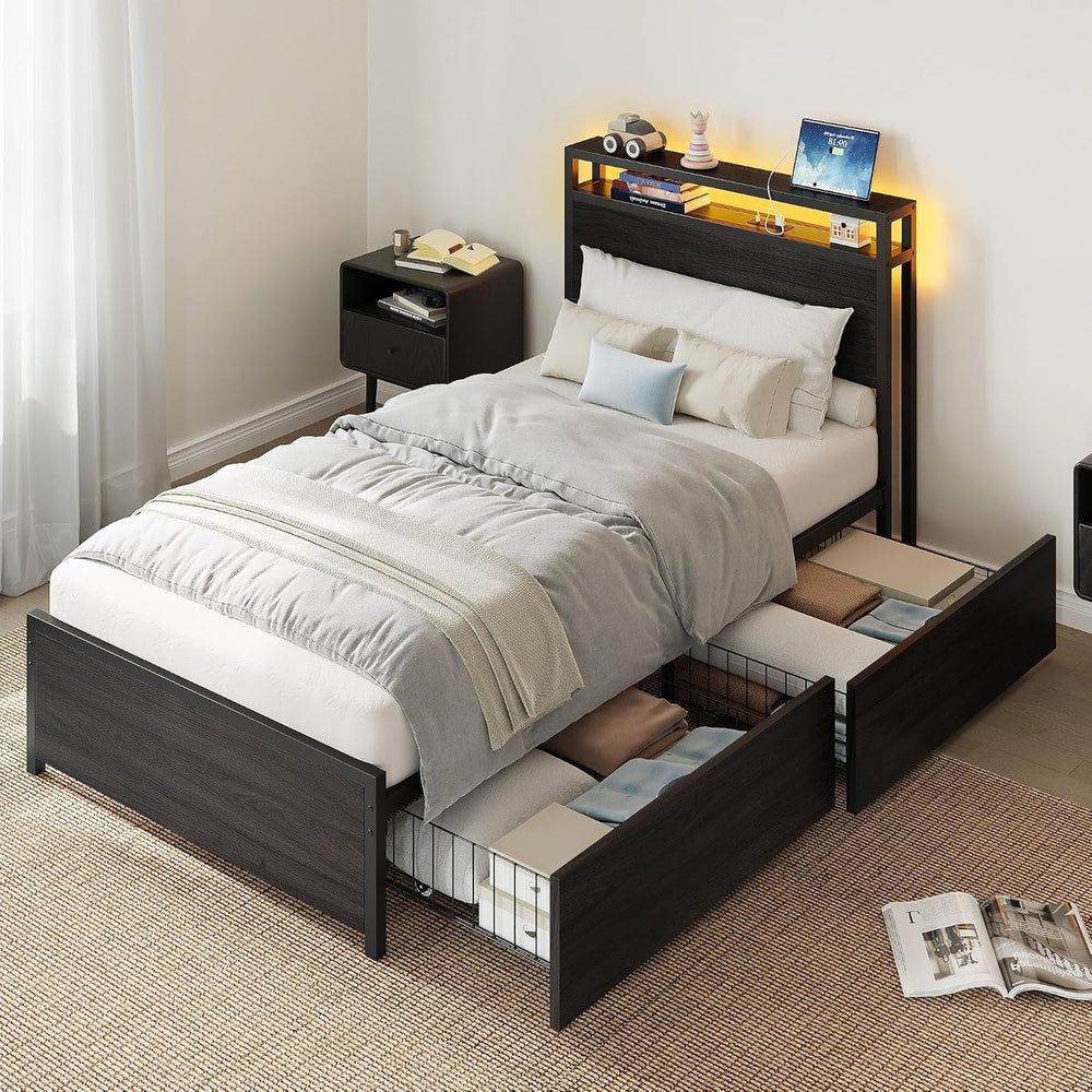 LIKIMIO Twin Bed Frame with DIY Layout Storage Drawers and LED Light