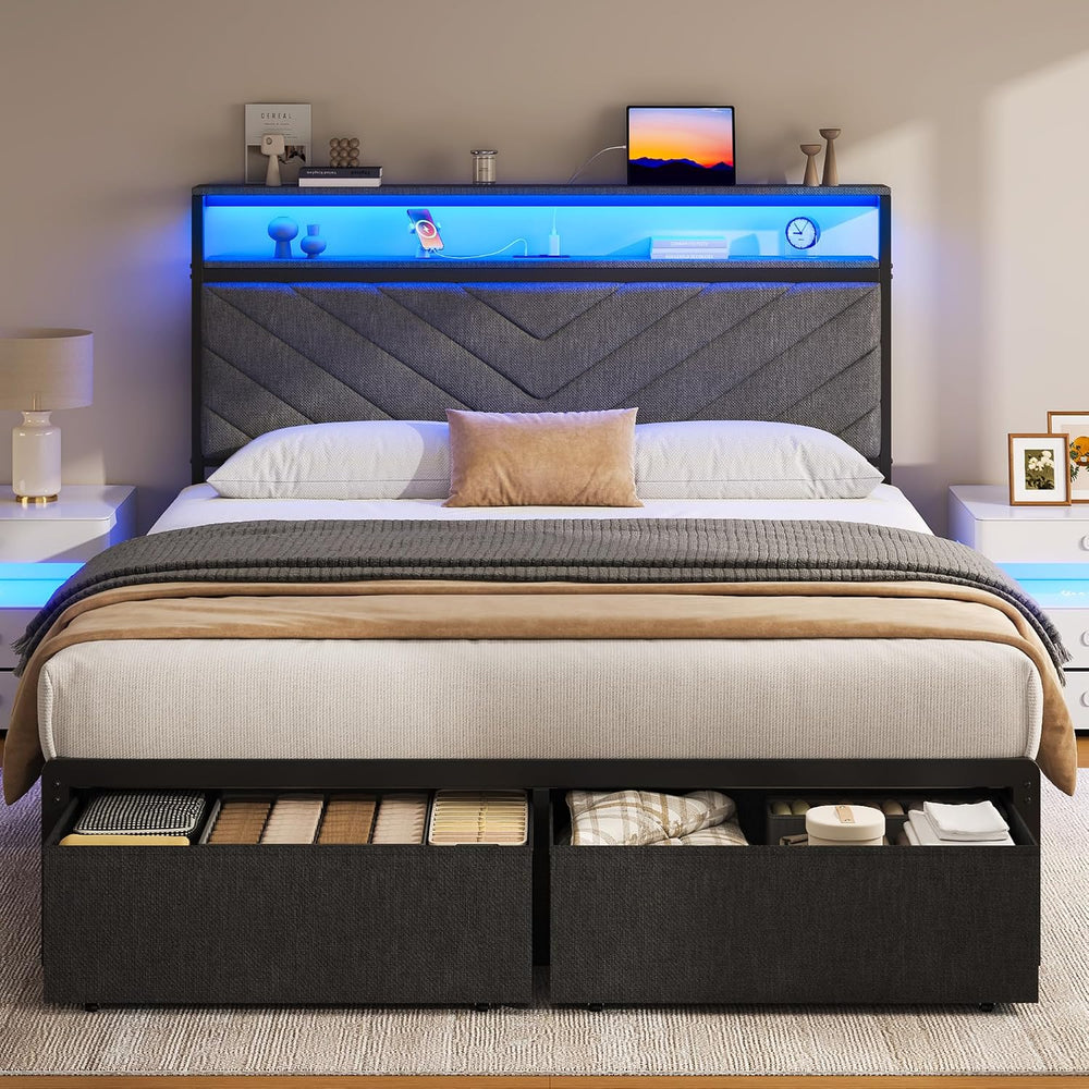 Fluest Full Bed Frame with 2 Drawers, Upholstered Headboard with Storage and ...