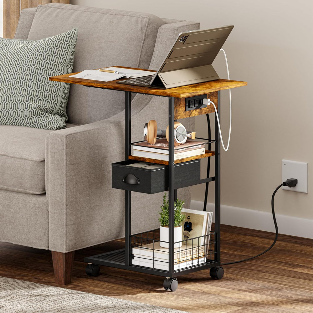Rolling Side Table, TV Trays, C Table with Charging Station, Storage Drawer