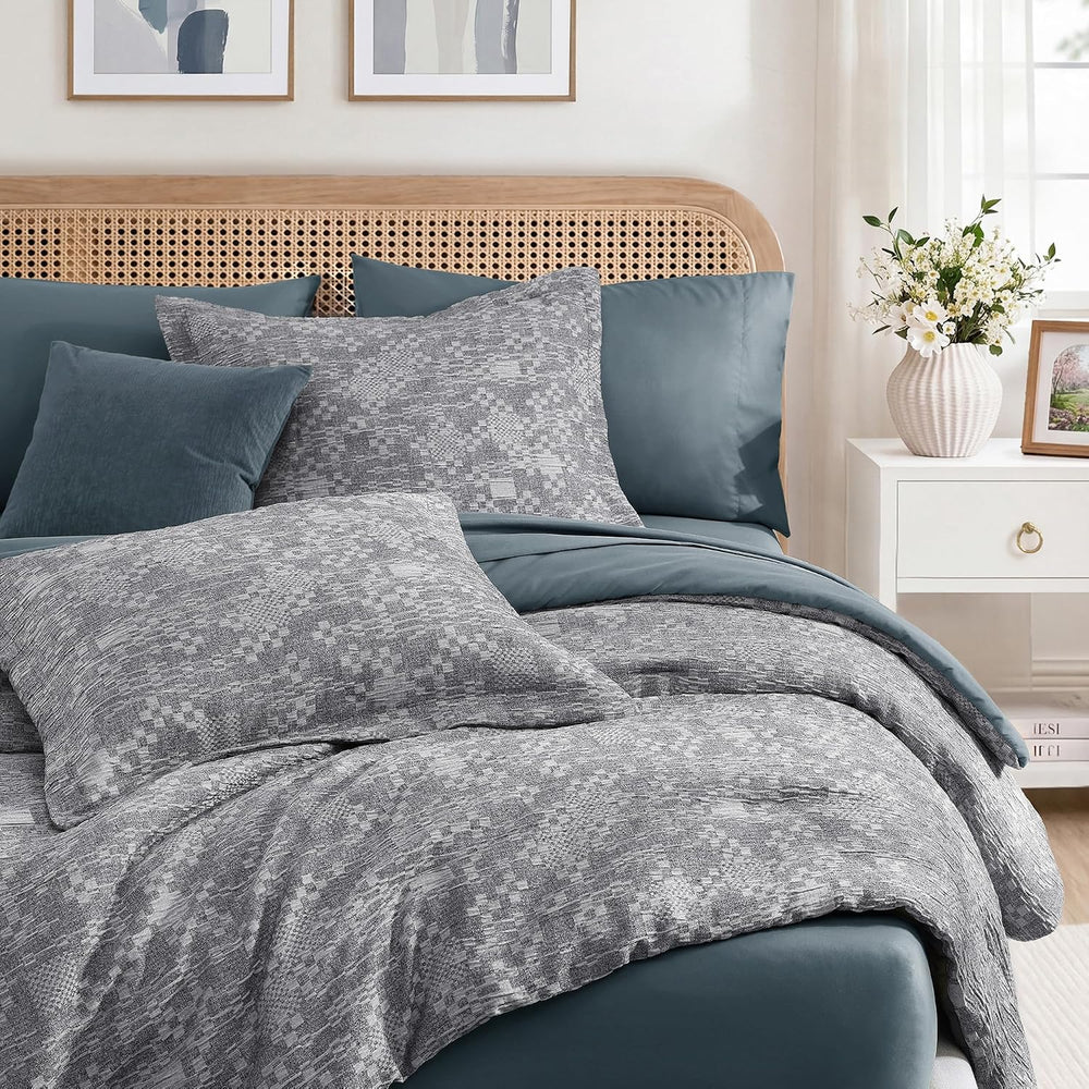 MaiRêve King Size Comforter Set Crinkle Textured Navy Bedding Set 7 Pieces