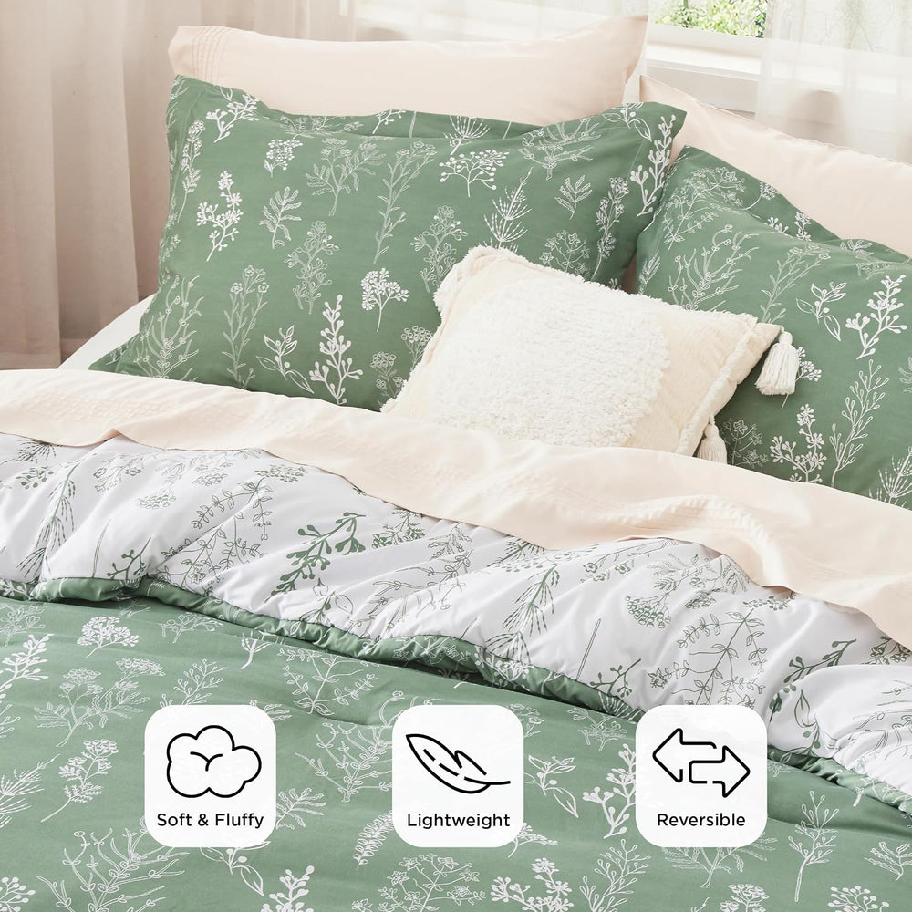 Bedsure Floral Comforter Set Cute Bedding Set Queen Reversible Green