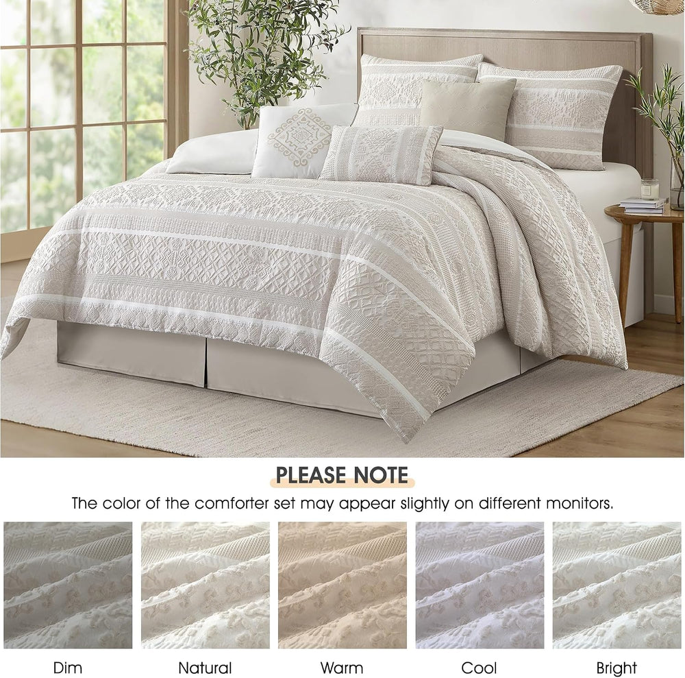 LANCO MODERN LIFESTYLE 7 Piece King Comforter Set, Beige, Elegant Jacquard wi...