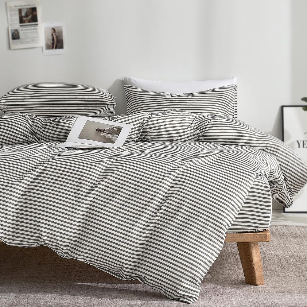 JELLYMONI 100% Cotton Classic Striped Duvet Cover Queen Set, Grey