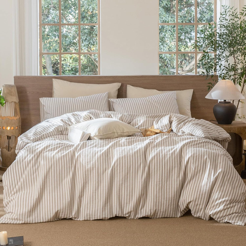 MooMee Striped Duvet Cover Set 100% Washed Cotton Linen Like King