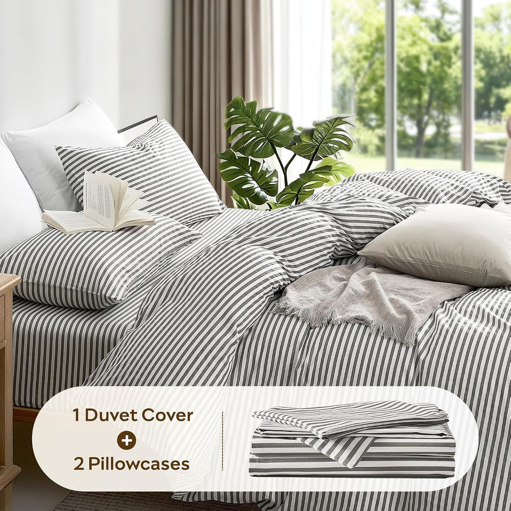 JELLYMONI 100% Cotton Classic Striped Duvet Cover Queen Set, Grey