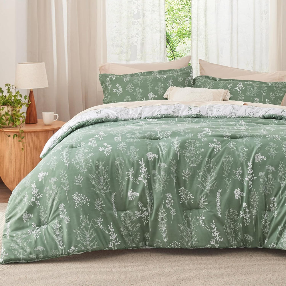 Bedsure Floral Comforter Set Cute Bedding Set Queen Reversible Green