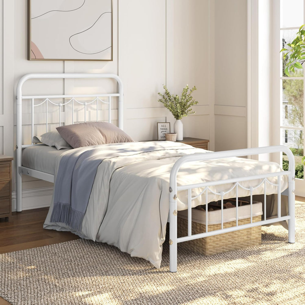 Yaheetech Twin Metal Bed Frame with Vintage Spindle Headboard White