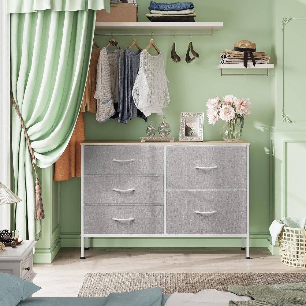 WLIVE 5 Drawer Fabric Dresser for Bedroom, Wide Storage Chest, Light Grey