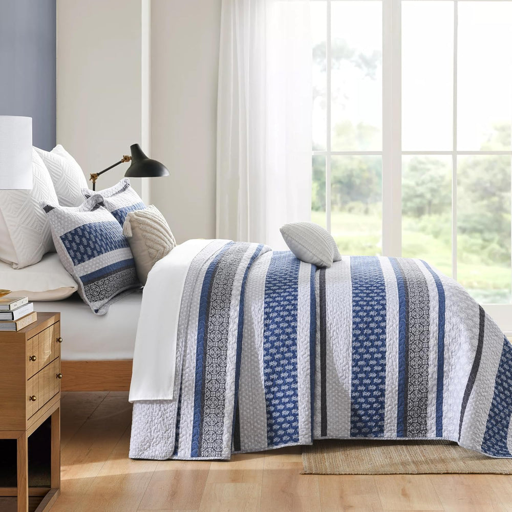 100% Cotton King Size Comforter Set Blue Grey Striped Quilt Set