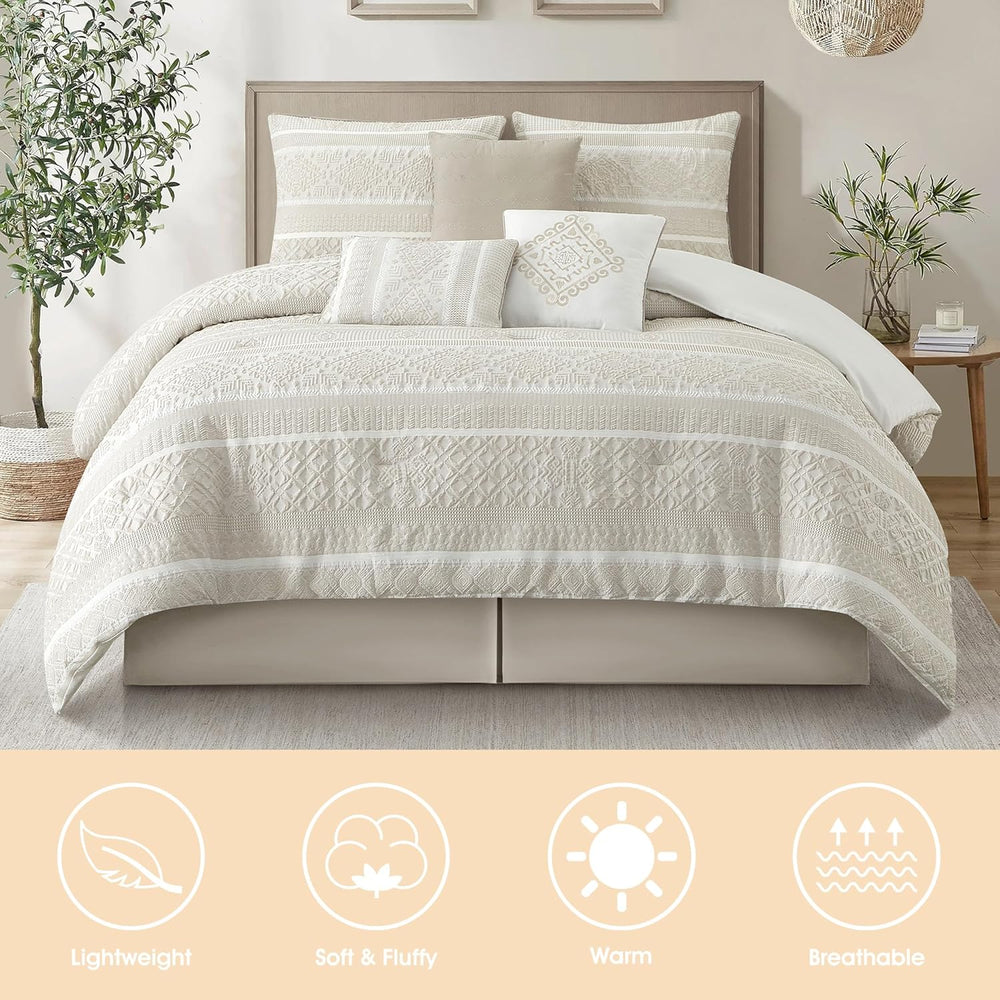 LANCO MODERN LIFESTYLE 7 Piece King Comforter Set, Beige, Elegant Jacquard wi...