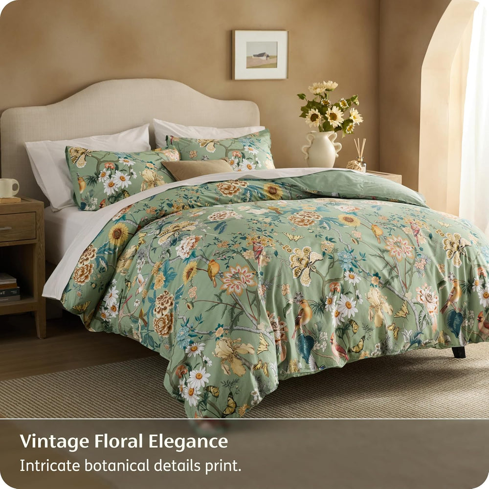 Bedsure PureWoven 100% Cotton Floral Duvet Cover Set, Queen, Green Garden
