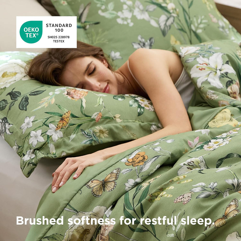 Bedsure Duvet Cover King Size - Reversible Green Floral&Bird Duvet Cover ...