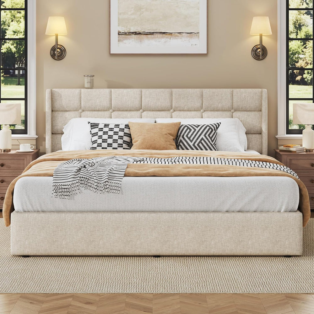 HISOFT King Size Lift Up Storage Bed Frame, Linen Upholstered Platform Bed wi...