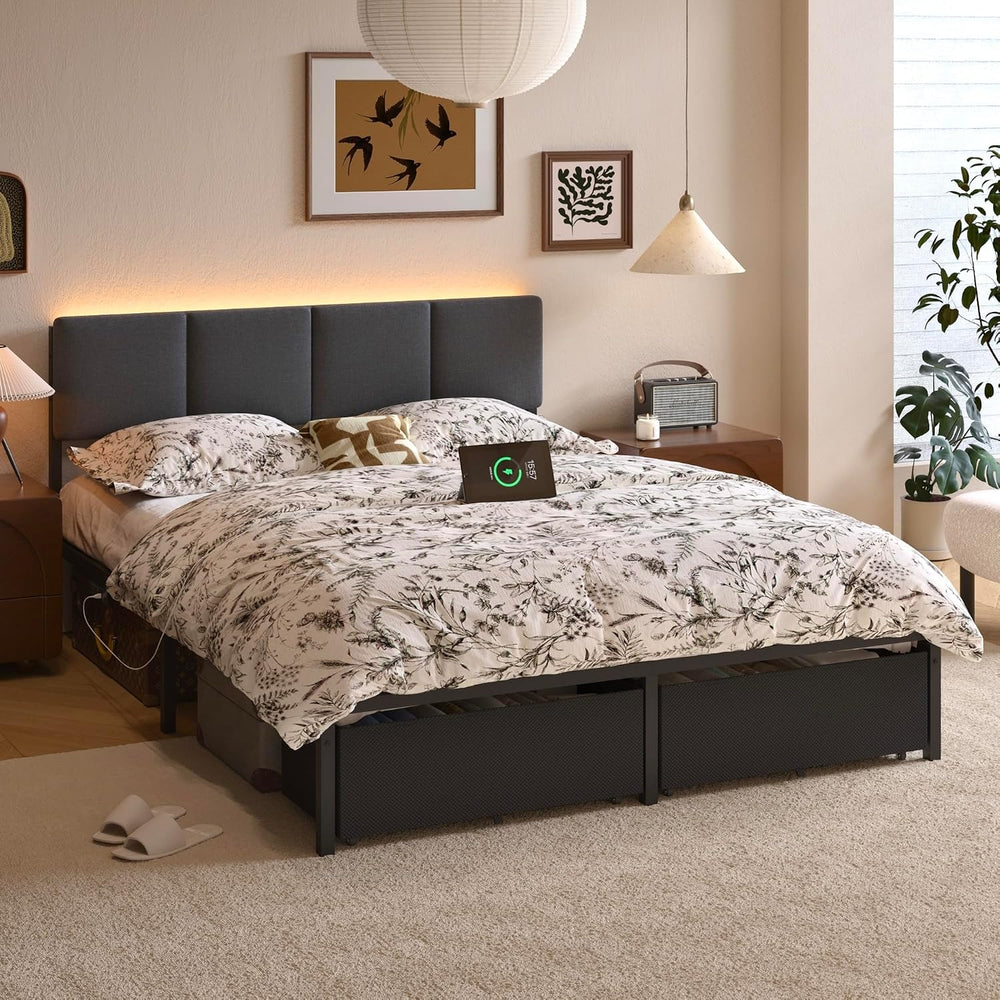 Furnulem Queen Bed Frame with Adjustable Headboard and Storage Drawers