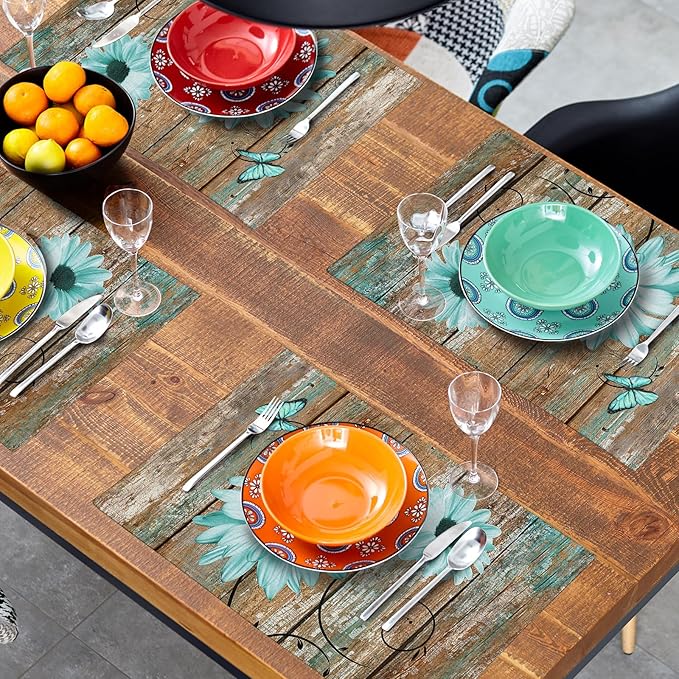 Giwawa Rustic Daisy Placemats Set of 4- Teal Sunflowers on Vintage Wood Board - Image 8