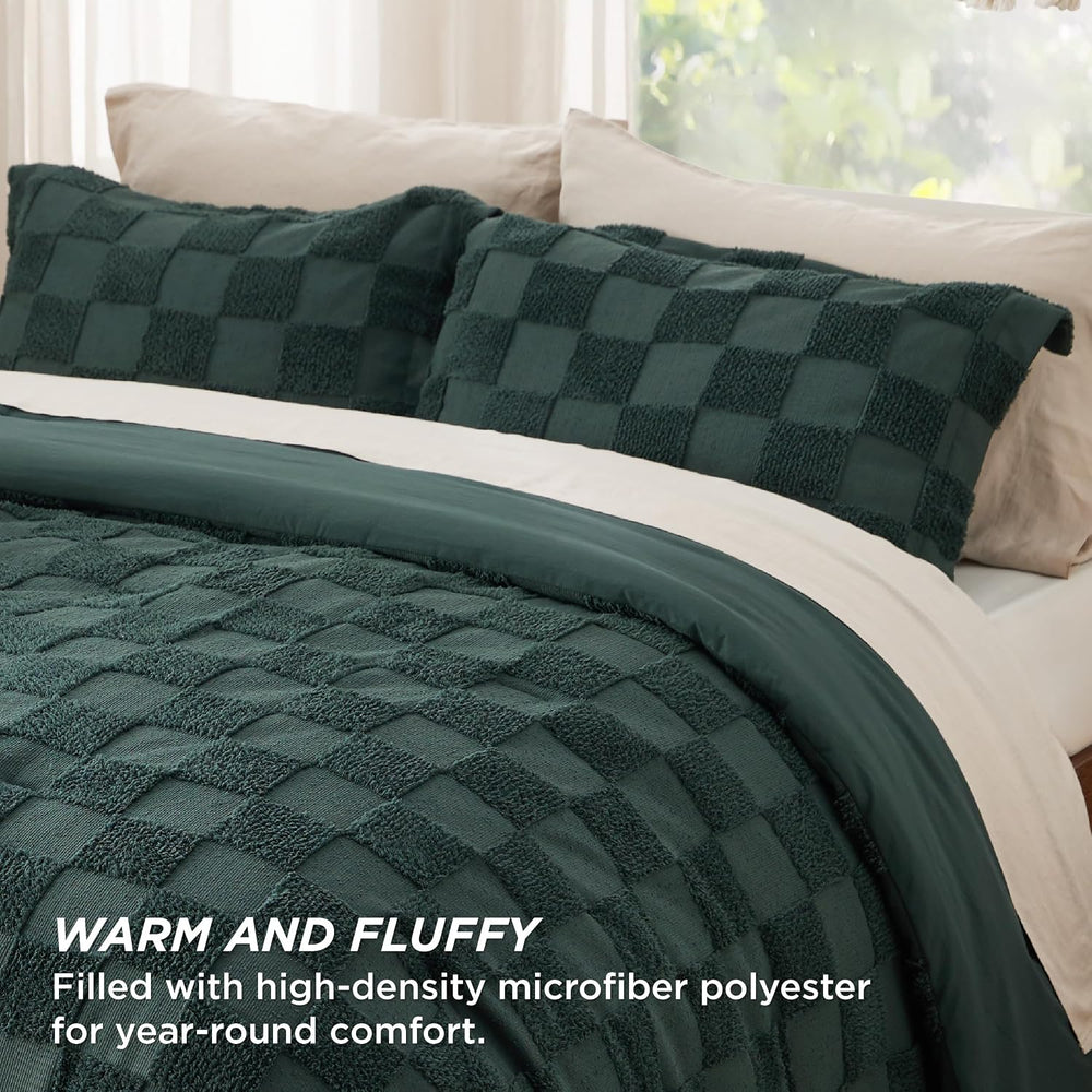 Bedsure Queen Size Comforter Set Emerald, Boho Tufted Bed Set, Checkered Farm...