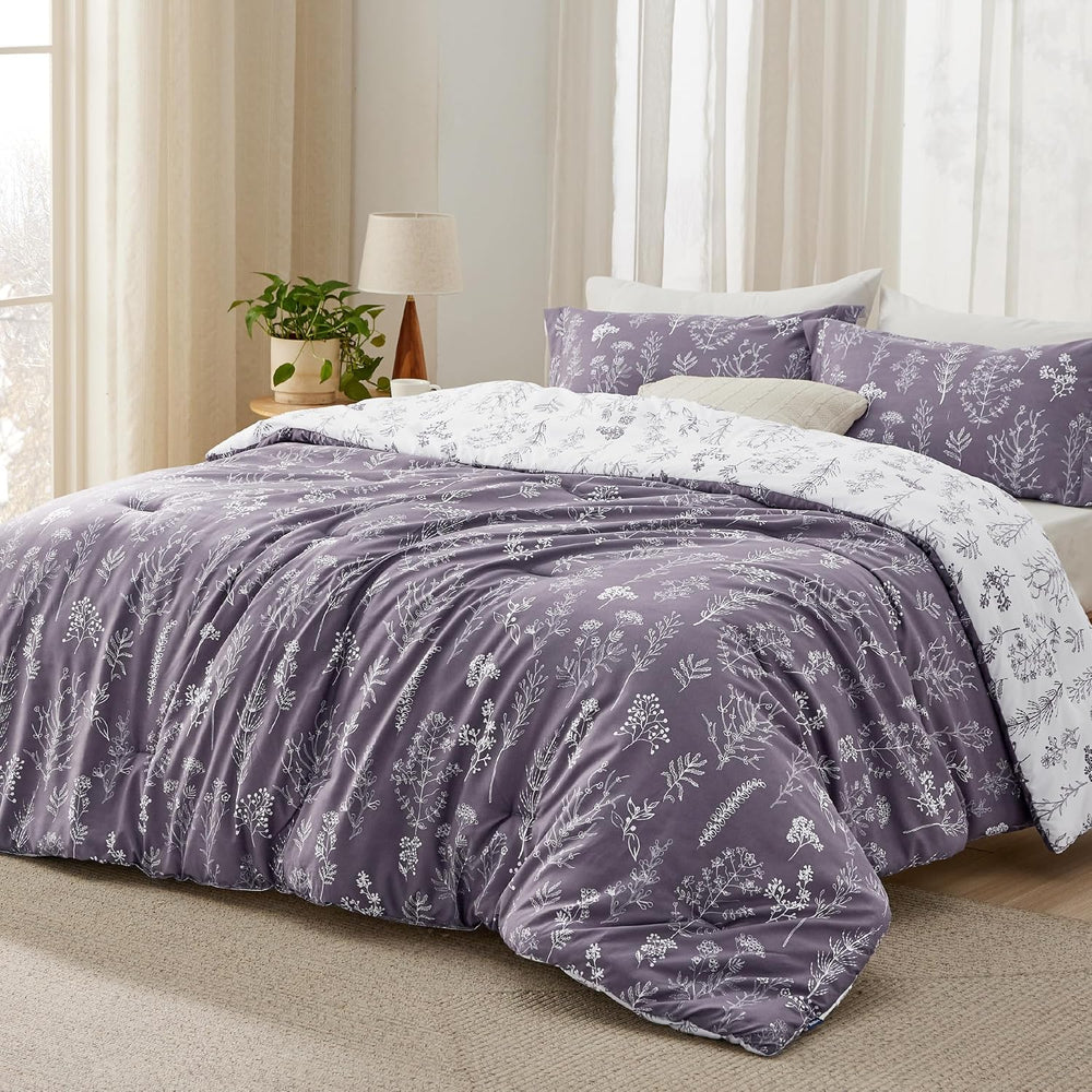 Bedsure Floral Comforter Set Cute Bedding Full Reversible Grayish Purple