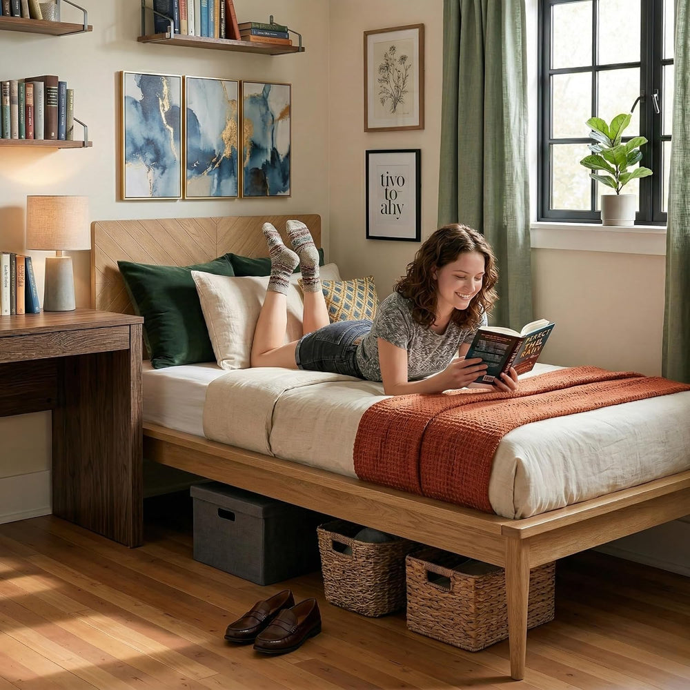 Loki Solid Wood Bed Twin XL, Chevron Headboard, Light Oak