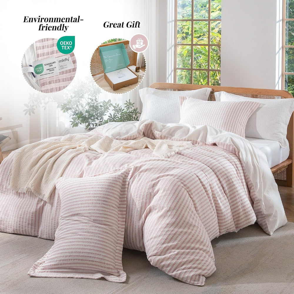 MILDLY Jacquard Striped Duvet Cover Set 3pcs Dual Zipper Pink Full