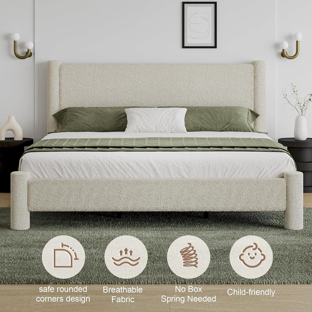 REVOMINCA King Size Cloud Bed Frame, Boucle Upholstered Platform Bed, Cream