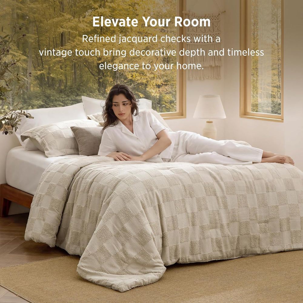Bedsure Comforters Queen Set Boho, Vintage Plaid Bedding Set Beige 3 Pcs
