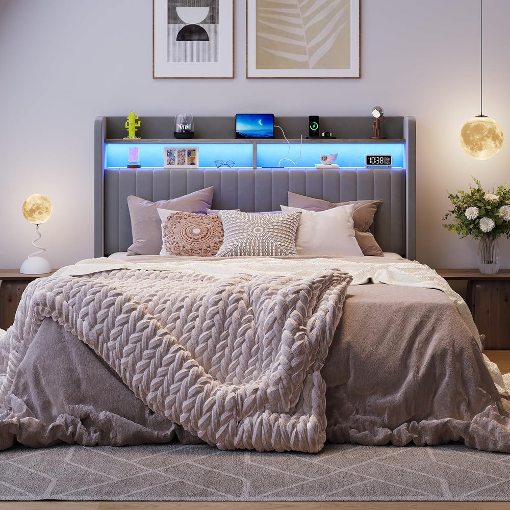 SHA CERLIN Full Size LED Lift Up Storage Bed Frame Charging Station, Grey