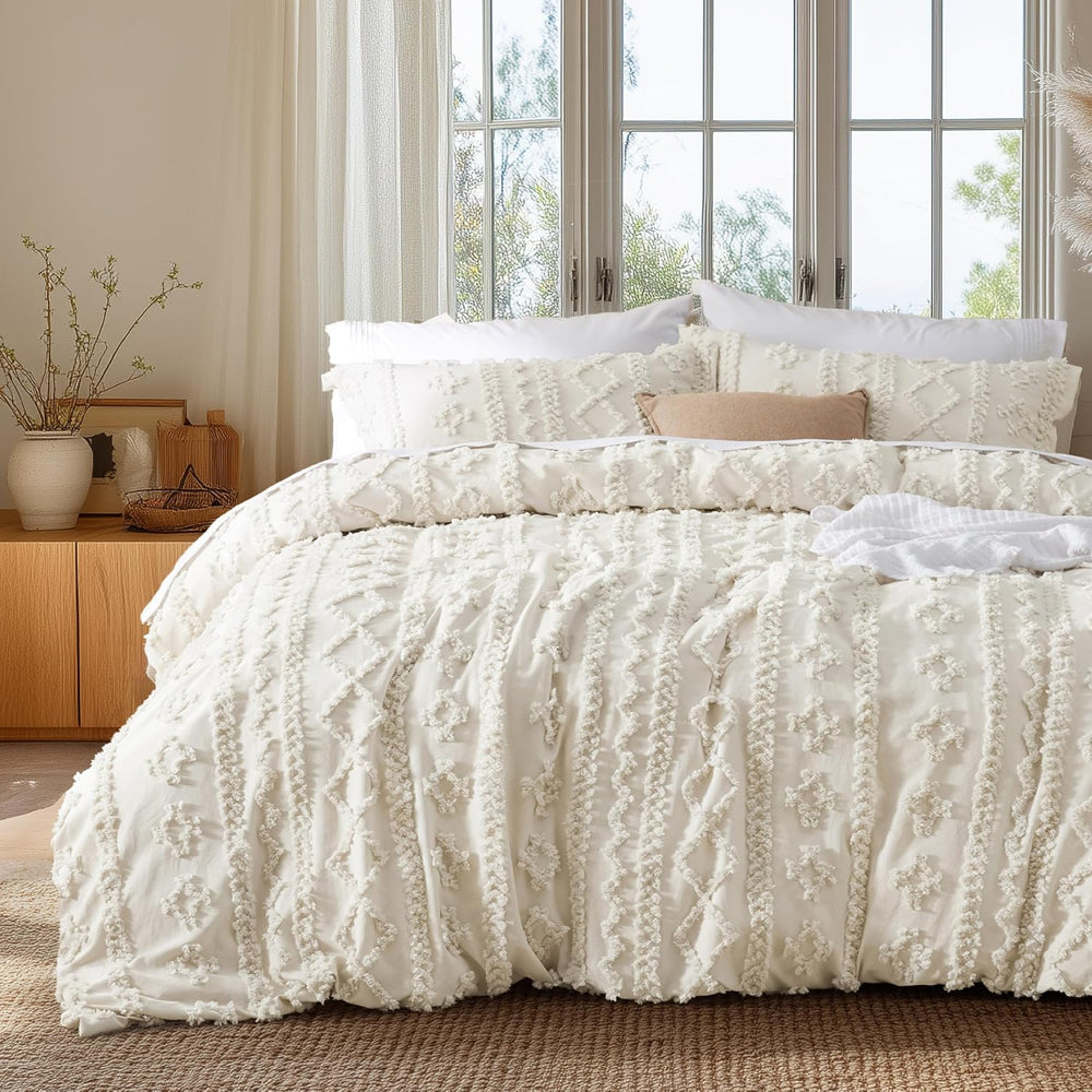 Bedsure Boho Twin Duvet Cover, Tufted Embroidery, 2-Piece, Beige