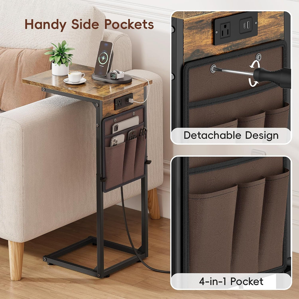 Vagusicc C Shaped End Table with Charging Station, Adjustable Height Side Tab...