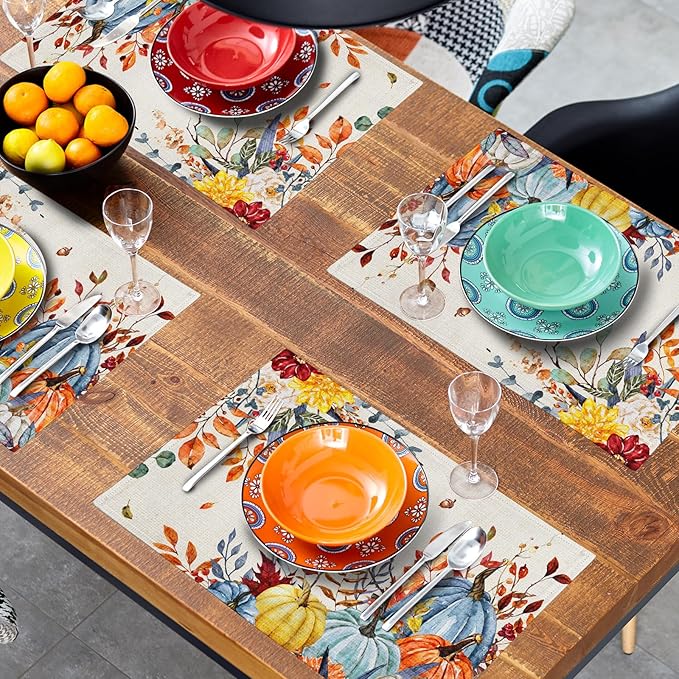 Giwawa Fall Thanksgiving Placemats Set of 4 Watercolor Autumn Pumpkins Floral - Image 8