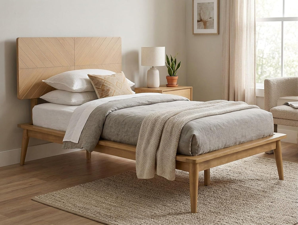 Loki Solid Wood Bed Twin XL, Chevron Headboard, Light Oak
