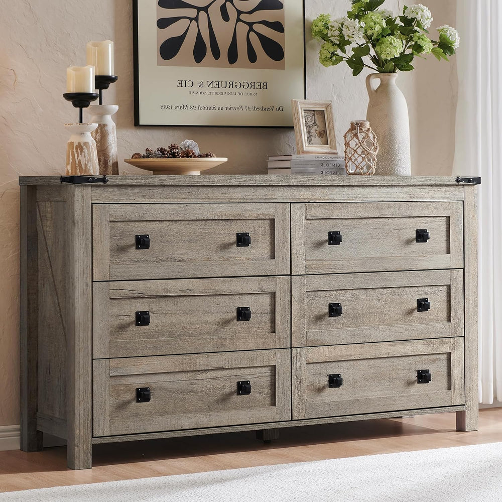 T4TREAM 54" Wide Farmhouse 6-Drawer Dresser for Bedroom, Light Rustic Oak