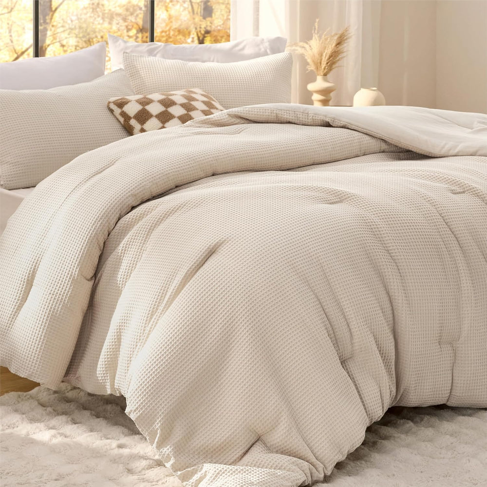 Bedsure Beige Comforter Set Queen, Waffle Ultra Soft Bedding