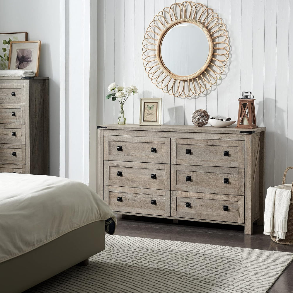 T4TREAM 54" Wide Farmhouse 6-Drawer Dresser for Bedroom, Light Rustic Oak