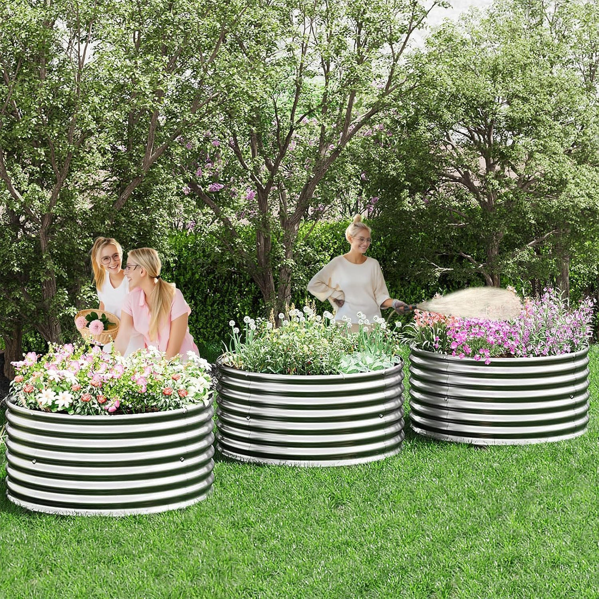 2x2ft round corrugated galvanized steel raised garden bed on a desk or shelf