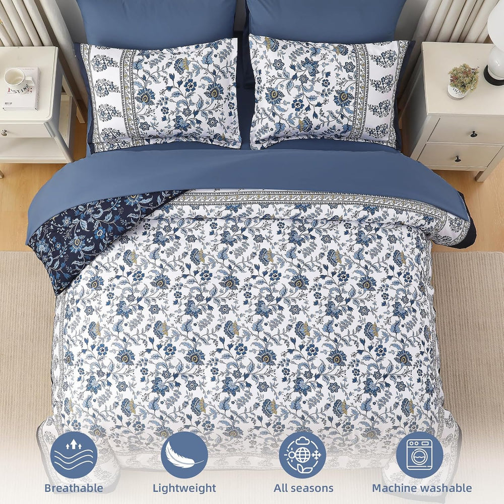 Comforter Set Queen Size Boho, Reversible Blue Bedding Paisley Floral