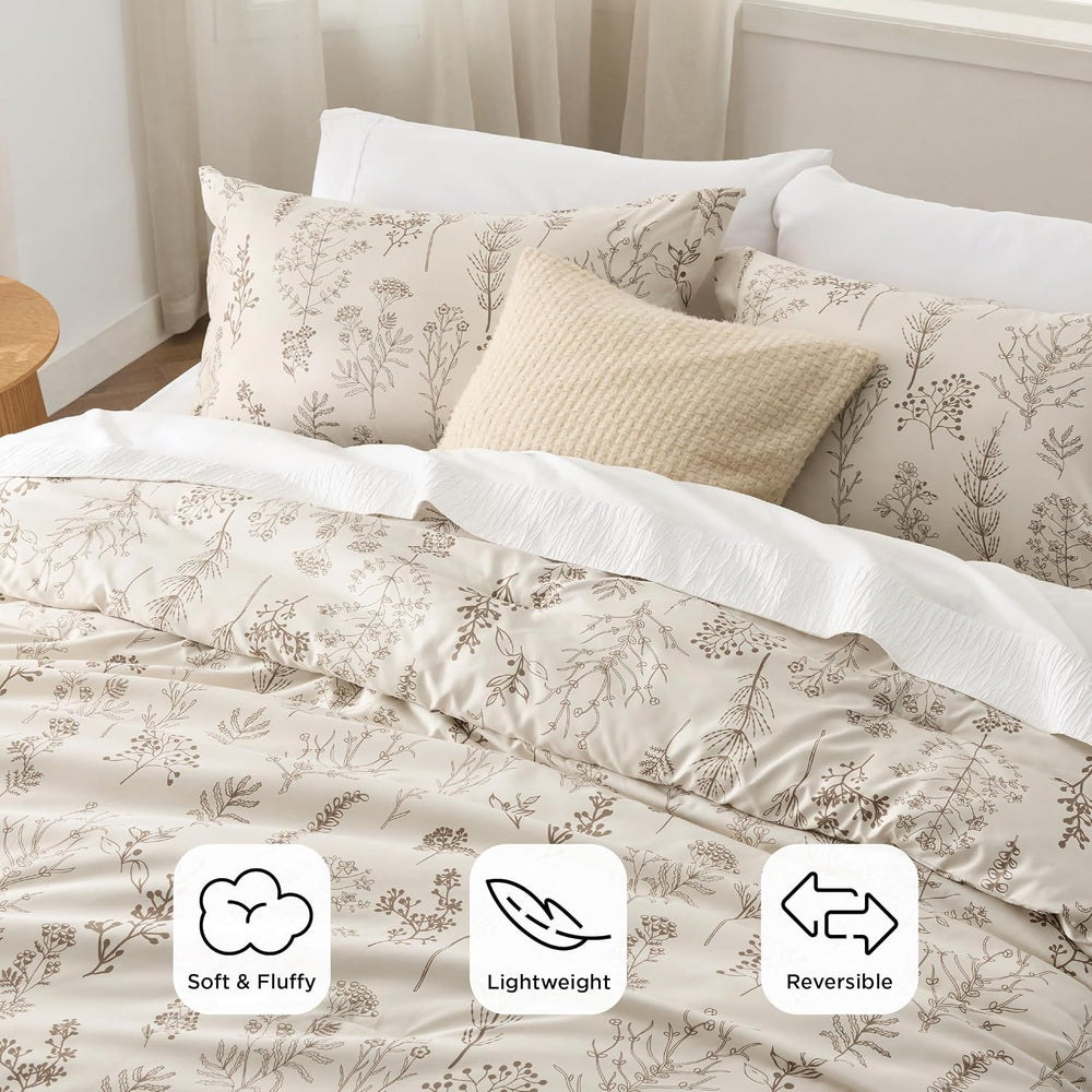 Bedsure Floral Comforter Set Cute Bedding Set Queen Reversible Beige