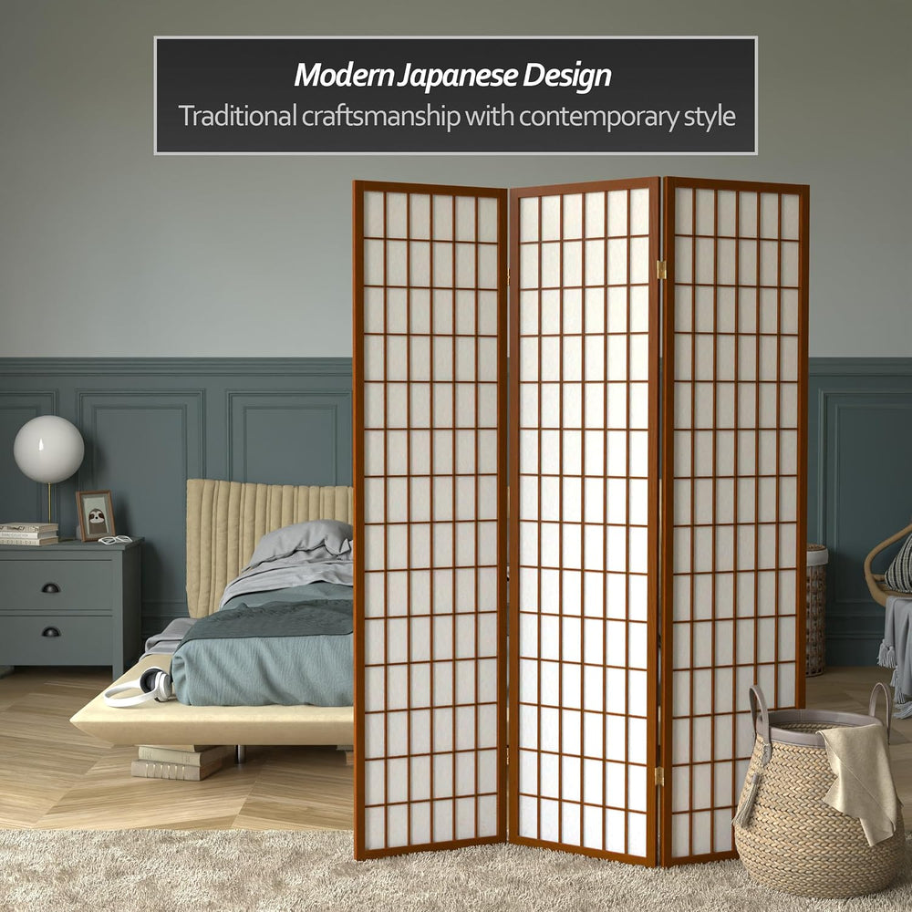 Red Lantern 6 ft. Tall Window Pane Shoji Screen - Walnut - 3 Panels