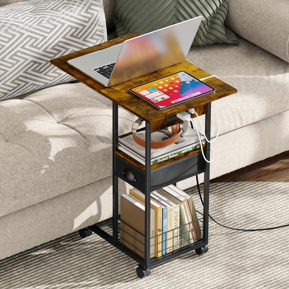 Rolling Side Table, TV Trays, C Table with Charging Station, Storage Drawer