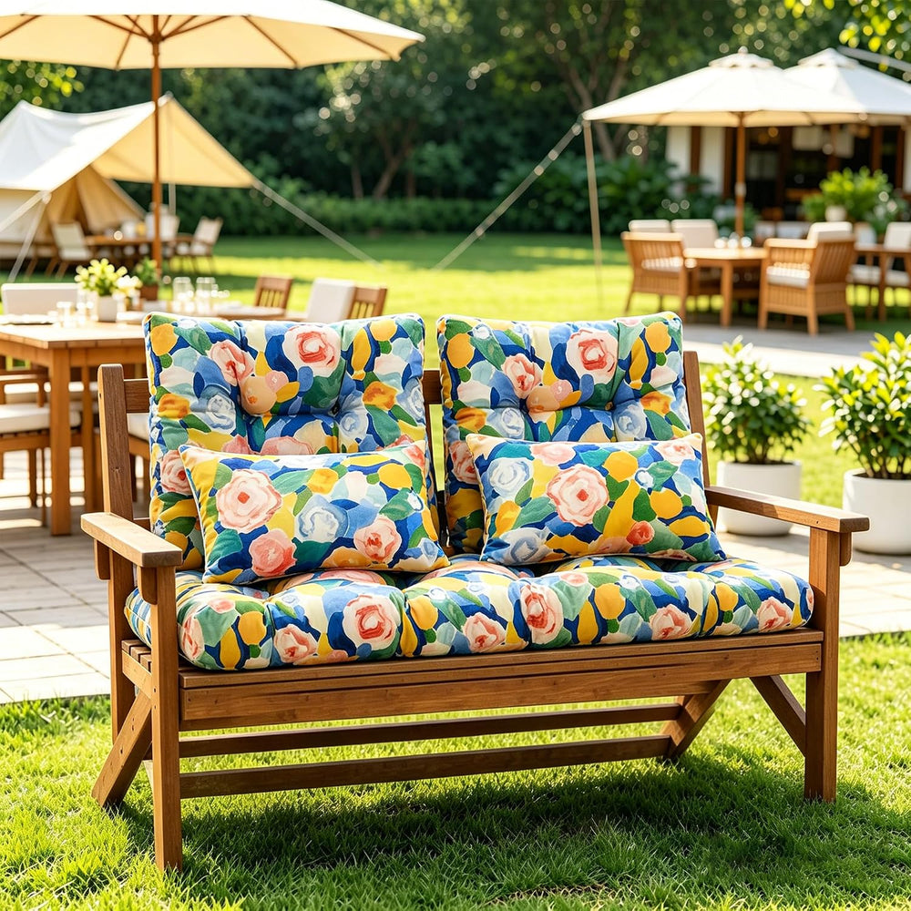 ARTPLAN 5 Piece Patio Loveseat Cushion Set 44x19 Wicker Pads Ties,Floral
