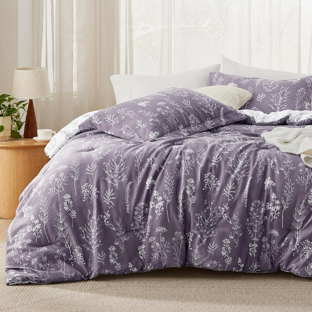 Bedsure Floral Comforter Set Cute Bedding Full Reversible Grayish Purple