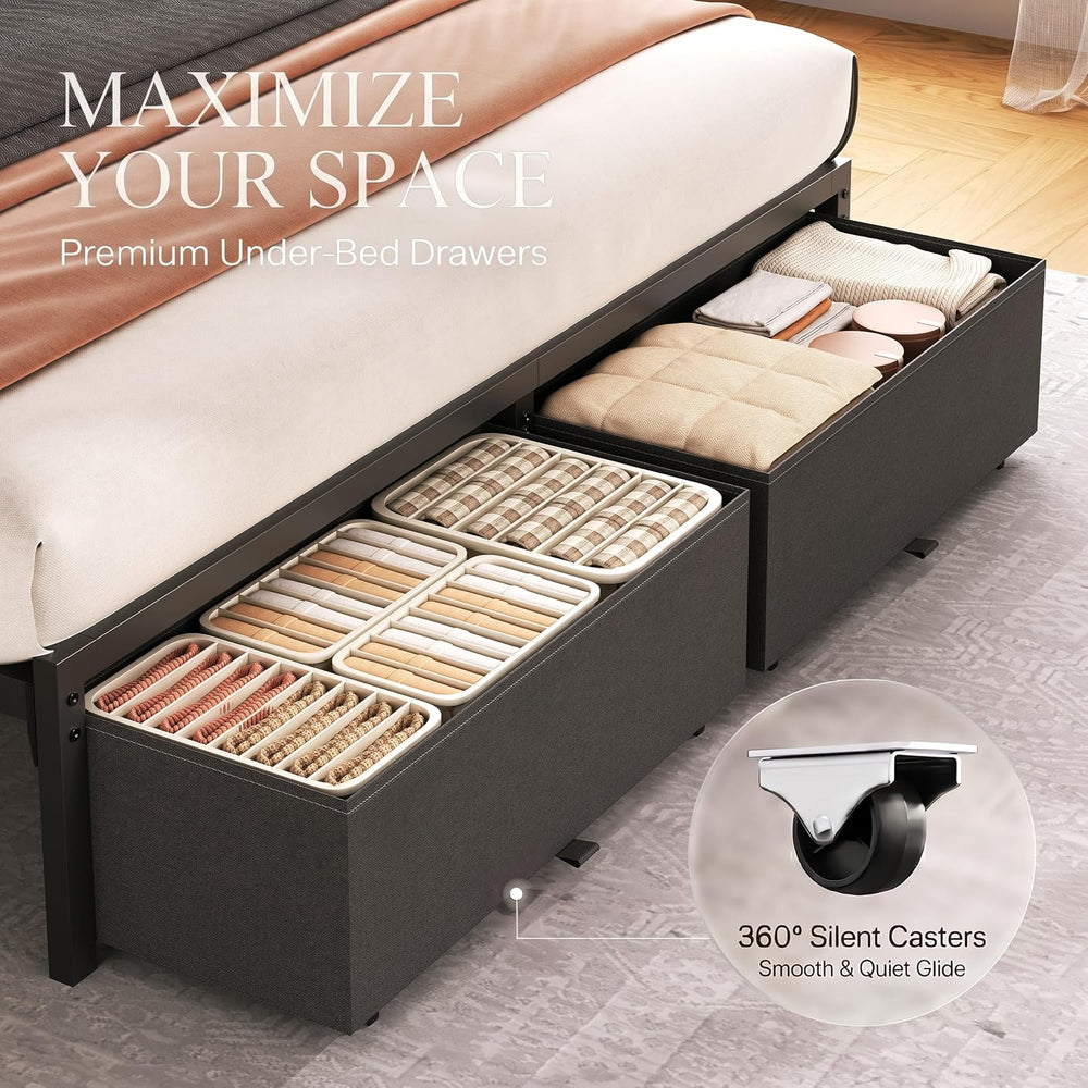 Full Bed Frame with Storage Drawers and Charging Station, Grey