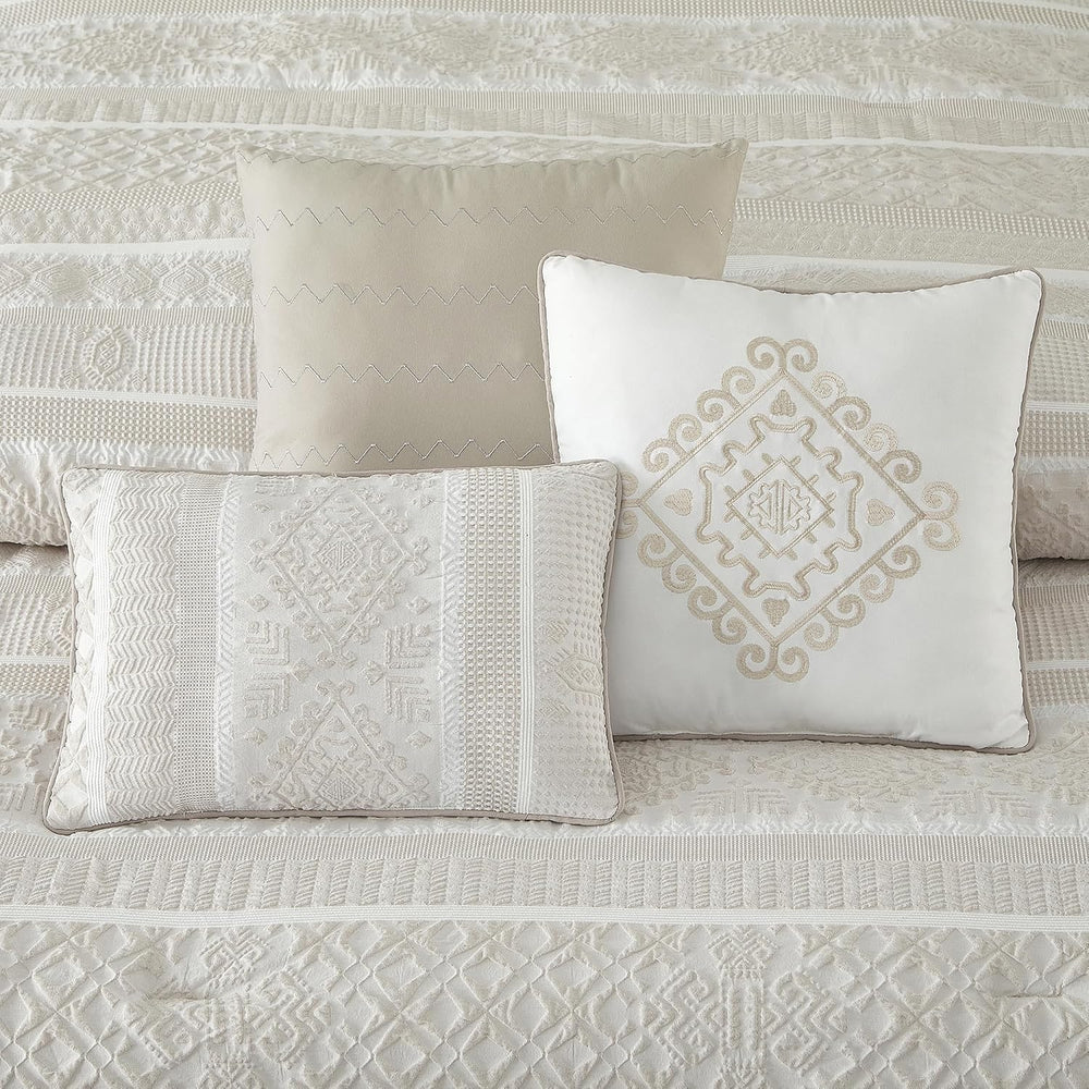 LANCO MODERN LIFESTYLE 7 Piece King Comforter Set, Beige, Elegant Jacquard wi...