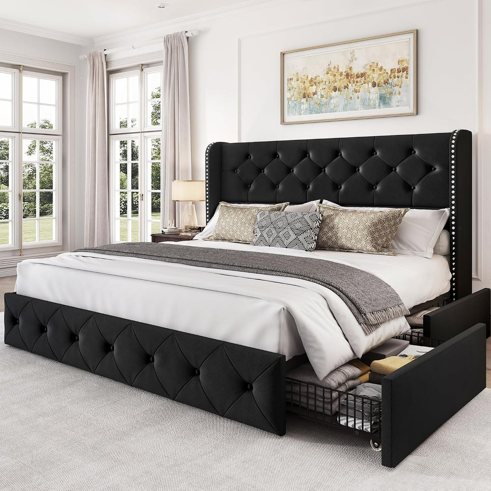 LARMACE Queen Size Bed Frame with 4 Storage Drawers and 47.2" Tall Wingb...