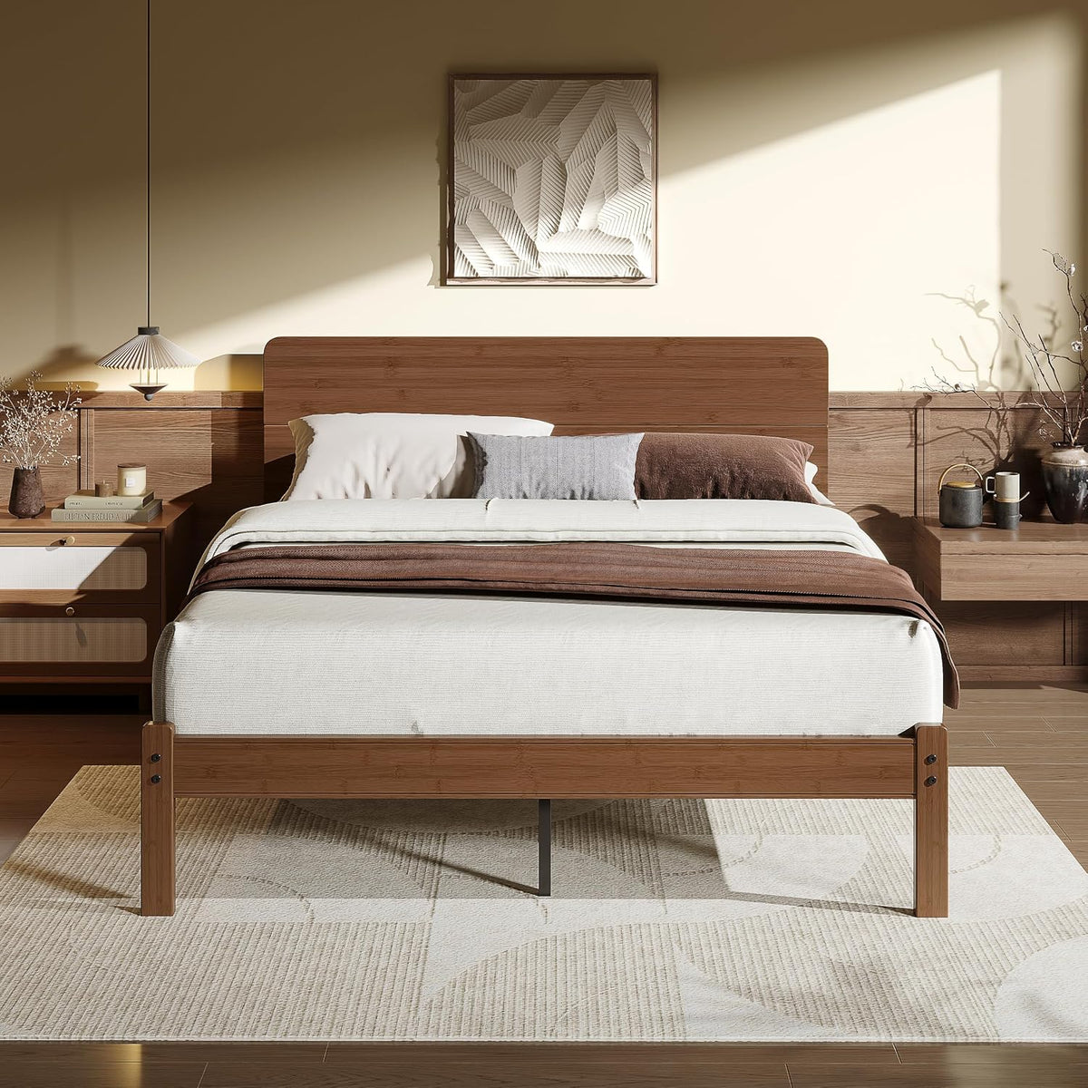 14" solid bamboo wood queen bed frames with, main product view