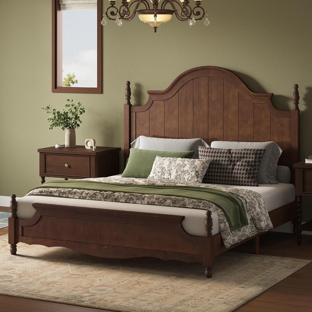 AMERLIFE Queen Solid Wood Poster Bed with Arched Headboard, Dark Walnut