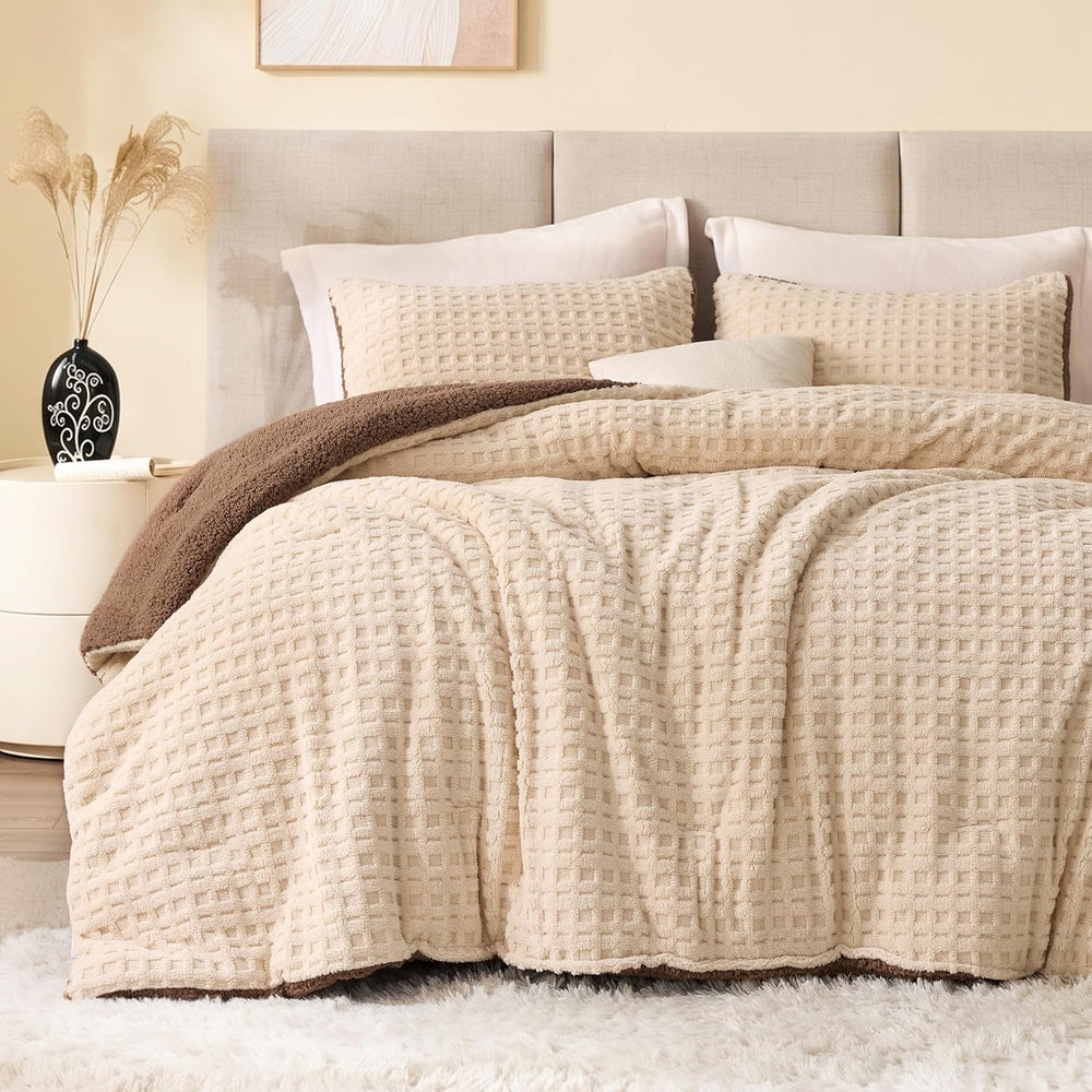 EXQ Home Taffeta Sherpa Comforter Set King 3 Pieces,Khaki&Brown