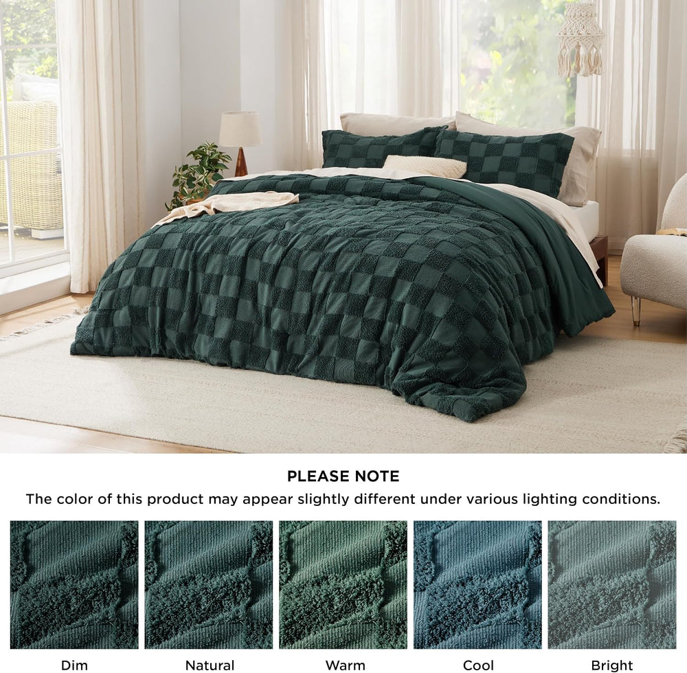 Bedsure Queen Size Comforter Set Emerald, Boho Tufted Bed Set, Checkered Farm...